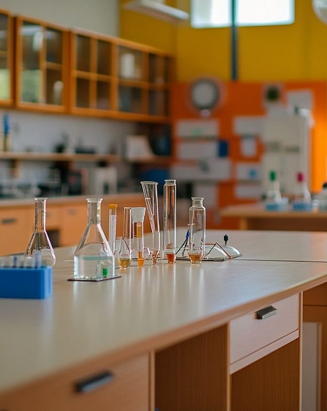 Modern school science lab with wooden workbenches, glass beakers and test tubes, bright yellow walls, and large windows.